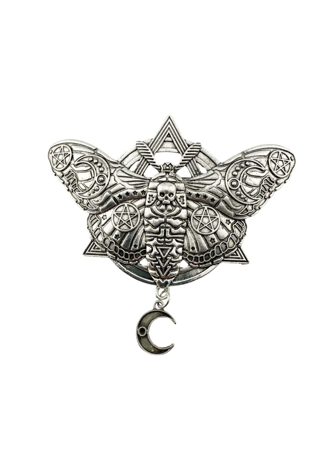 Silberne haarklammer death moth mit faszinierendem mottendesign pentagramm und schädel als elegantes accessoires